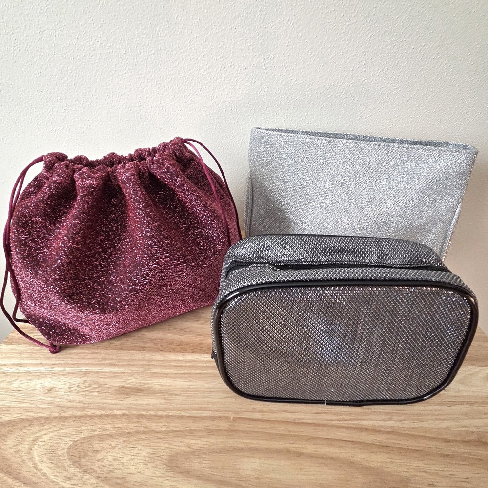 New! Set Of 3 Metallic Cosmetic Bags